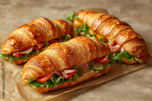 Packed croissant sandwiches on a beige kraft paper background.