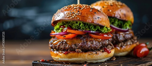 Delicious burger with beef, veggies, and sauce