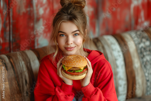 Beautiful young woman eating a big hamburger.