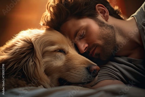 A dog and its owner share a peaceful slumber, bonding in the comfort of sleep. © Murda