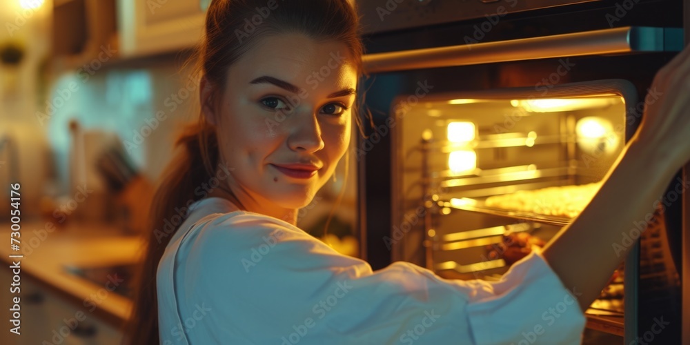 A woman is pictured taking something out of the oven. This image can be used to showcase cooking, baking, or home-related themes A woman is pictured taking something out of the oven. This image can be used to showcase cooking, baking, or home-related themes