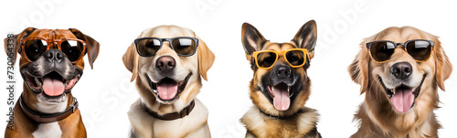 Set of Boxer, Golden Retriever, Labrador, and German Shepherd: Medium and Large Breed Dogs Wearing Sunglasses and Being Cool and Funny, Isolated on Transparent Background, PNG