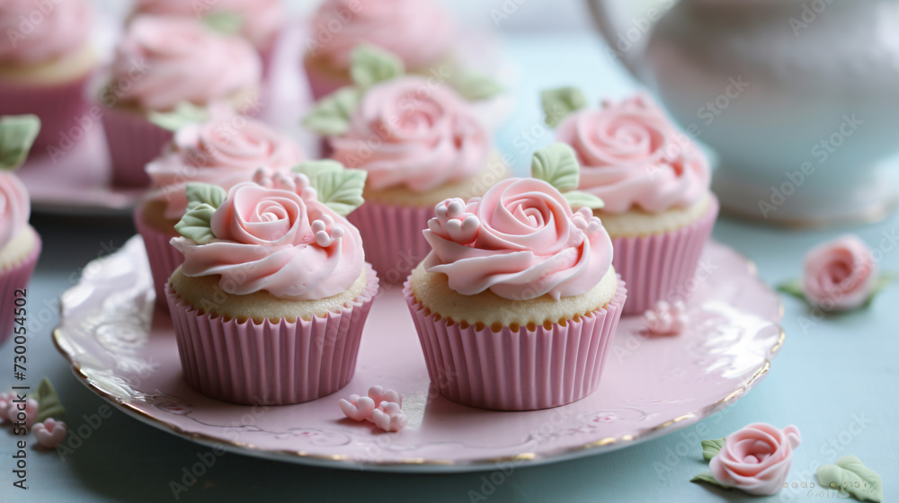 Roses on pastel cupcakes.