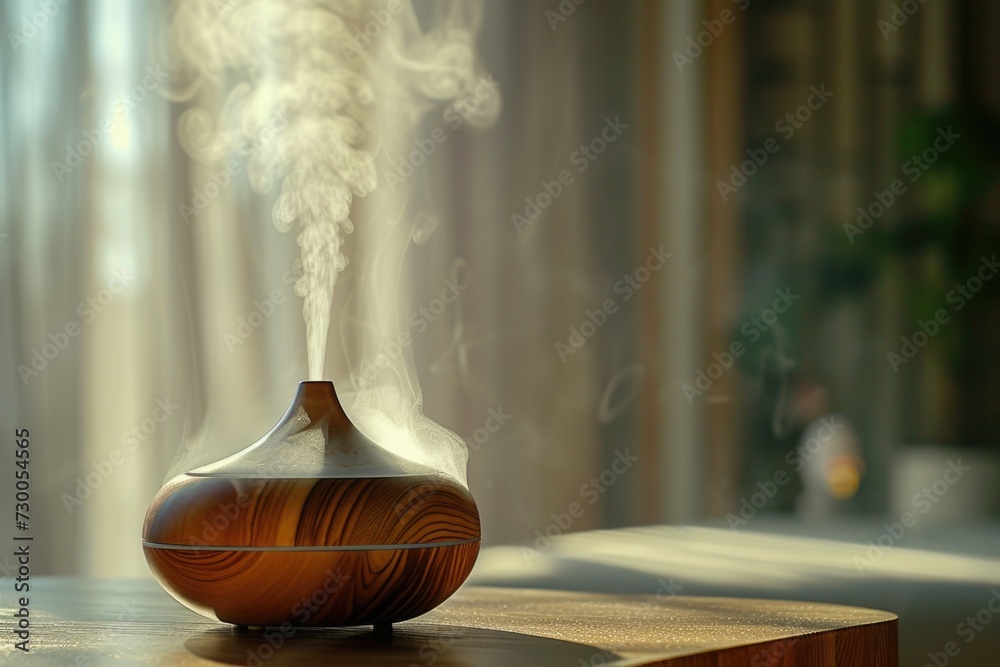 A wooden table with a wooden vase filled with smoke. This versatile image can be used to add a touch of rustic elegance to various projects A wooden table with a wooden vase filled with smoke. This versatile image can be used to add a touch of rustic elegance to various projects