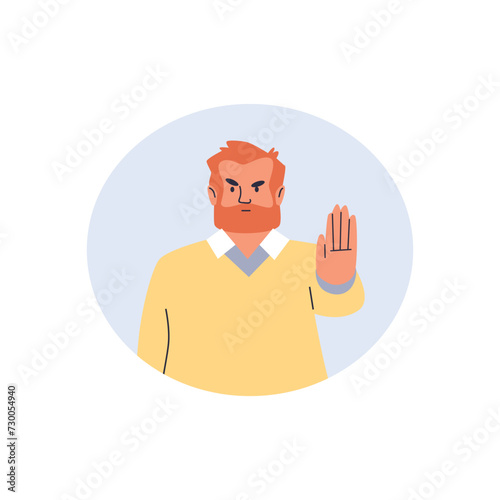 Decisive serious male demonstrate stop sign with hand gesture, vector nonverbal communication and hand language emotion