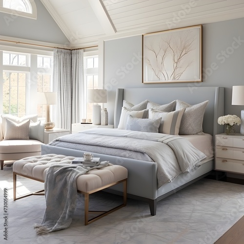 a neutral color palette with soft greys and muted blues bedroom 