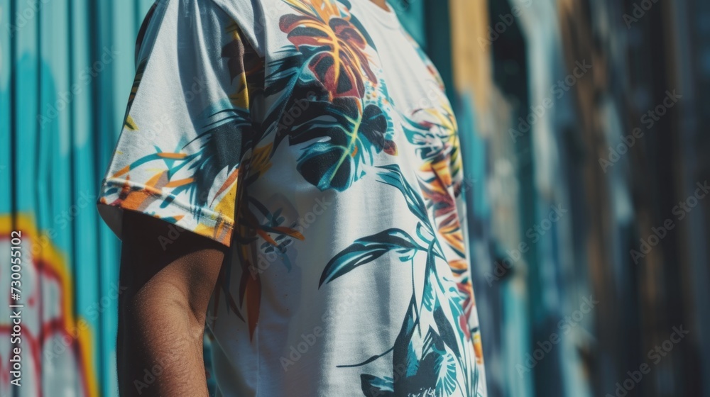 A man standing in front of a wall covered in graffiti. This image can be used to depict urban culture or street art