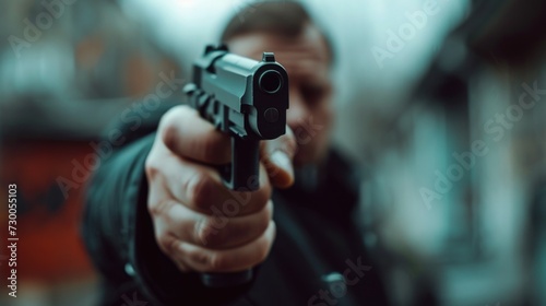 A man is seen pointing a gun directly at the camera. This intense and threatening image can be used to depict danger, crime, or a suspenseful scene in various media projects