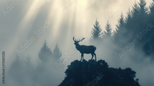 A majestic deer standing on top of a misty mountain. Perfect for nature and wildlife themes