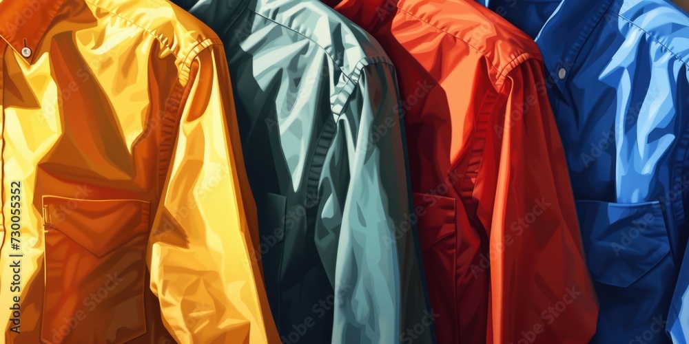 A row of jackets hanging on a clothes rack. Versatile image for fashion, retail, or wardrobe concepts