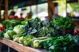 The counter of a farmers market displays a colorful array of fresh vegetables, inviting shoppers to indulge in nature's bounty.