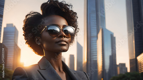 Successful African businesswoman is considering new business opportunities in front of the background of tall buildings © Creuxnoir