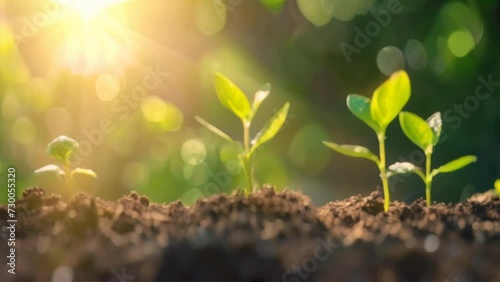 The seedlings are growing from the rich soil to the shining morning sunlight, ecology concept. A wide panoramic banner photo