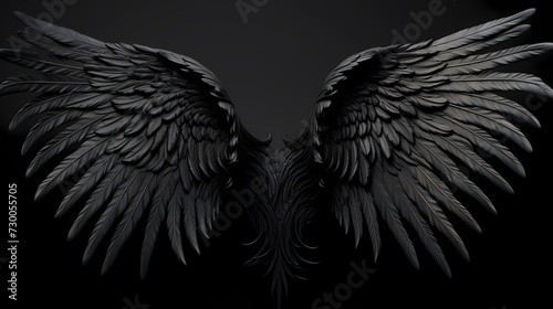 A close-up shot of intricately designed black angel wings, with each feather meticulously defined, set against a solid black surface, evoking a sense of dark enchantment and allure