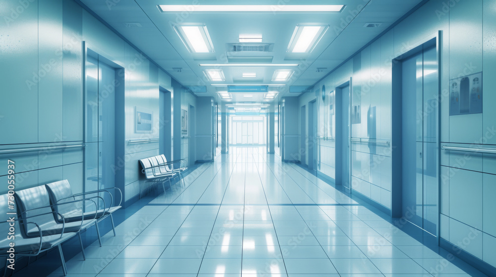 An empty hospital corridor with seating along the walls, illuminated by bright overhead lights, reflecting on a shiny tiled floor, creating a clean and sterile environment.