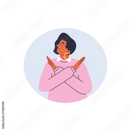 Angry woman with dissatisfied face make crossed hand refusal gesture protecting,vector no or stop negative emotion