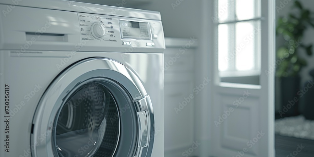 A white washer sitting next to a window. Suitable for home improvement and cleaning concepts A white washer sitting next to a window. Suitable for home improvement and cleaning concepts