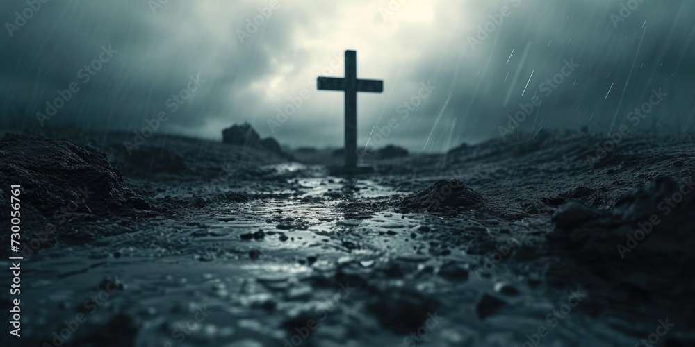 A cross standing tall in the middle of a muddy road. Perfect for illustrating challenges, perseverance, and faith.
