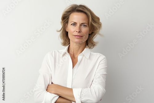 Confident mature businesswoman looking at camera with folded arms, isolated over white background