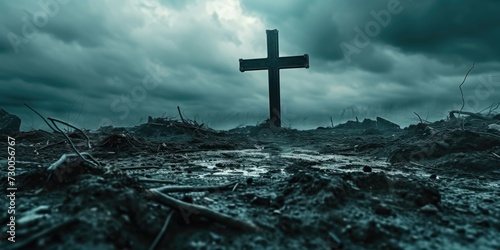 A cross placed on top of a pile of dirt. Can be used to represent religious symbolism or a burial site