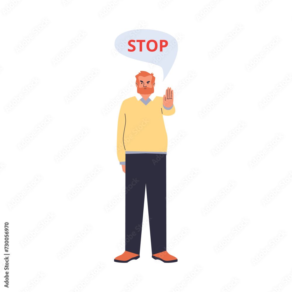 Decisive serious bearded male demonstrate STOP sign with hand gesture, vector nonverbal hand language negative emotion Decisive serious bearded male demonstrate STOP sign with hand gesture, vector nonverbal hand language negative emotion
