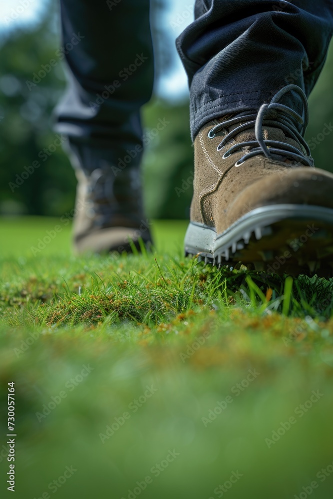 Close-up view of shoes in the grass. Perfect for nature, outdoor activities, and relaxation concepts Close-up view of shoes in the grass. Perfect for nature, outdoor activities, and relaxation concepts