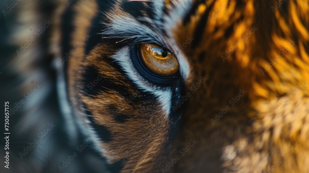 A detailed close-up view of a tiger's eye. This image can be used to depict the beauty and intensity of the tiger's gaze