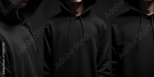 Three men wearing black hoodies standing in a group. Can be used to depict a mysterious or anonymous group of individuals