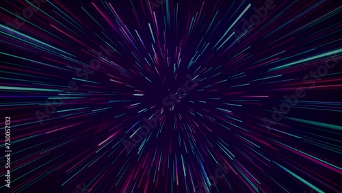 Speed and space represented with dots and lines animated. Blue abstract radial lines geometric background. Star warp, Data flow tunnel. Wormhole space tunnel abstract on black background. photo