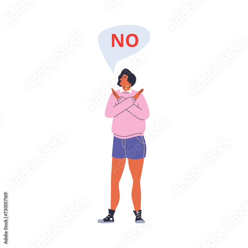 Young woman with crossed arms say no flat style, vector illustration