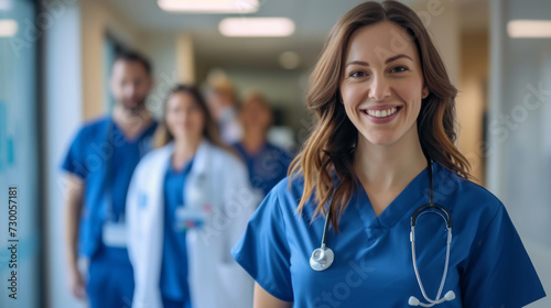 A smiling nurse in scrubs with a stethoscope around her neck stands confidently in a hospital corridor with her team in the background.
