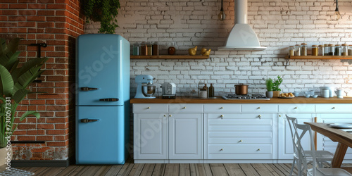 A kitchen with a blue refrigerator next to a brick wall. Suitable for home decor or kitchen remodeling projects