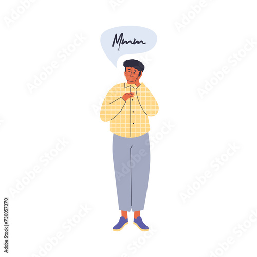 Young man sleep with folded hands under cheek, fatigue gesture emotion, vector boy sleep while standing in dreaming
