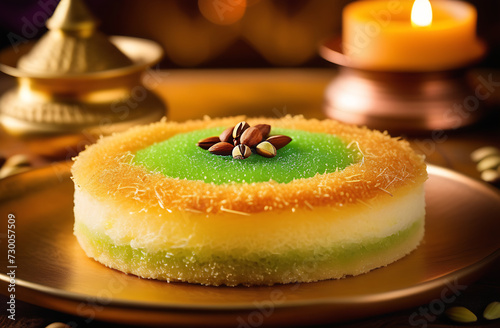 Arabic traditional kunafa desserts from kadaif dough with pistachio. Ramadan dessert. photo