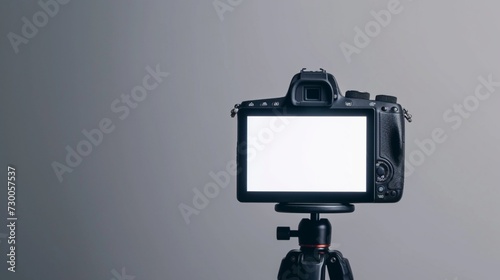 Dslr camera with white screen on the tripod isolated on white background. White screen camera