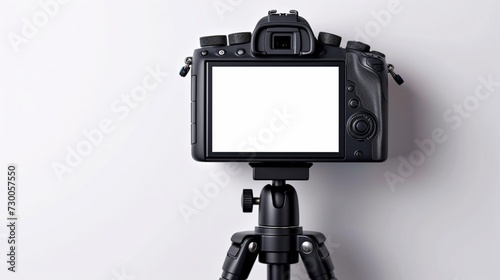Dslr camera with white screen on the tripod isolated on white background. White screen camera