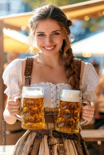 Woman holding two mugs of beer. Perfect for beer lovers or social gatherings.