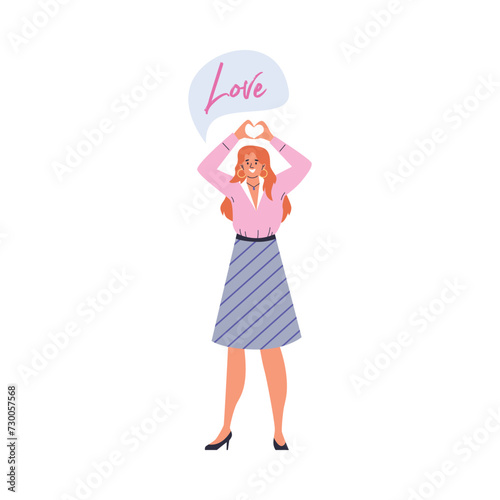 Young happy woman raised hands and shows a heart sign with her fingers, love gesture emotion with title romantic vector
