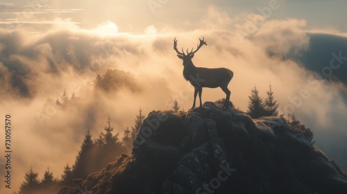 A majestic deer standing proudly on top of a mountain. This image captures the beauty and serenity of nature. Perfect for nature enthusiasts and outdoor adventure themes