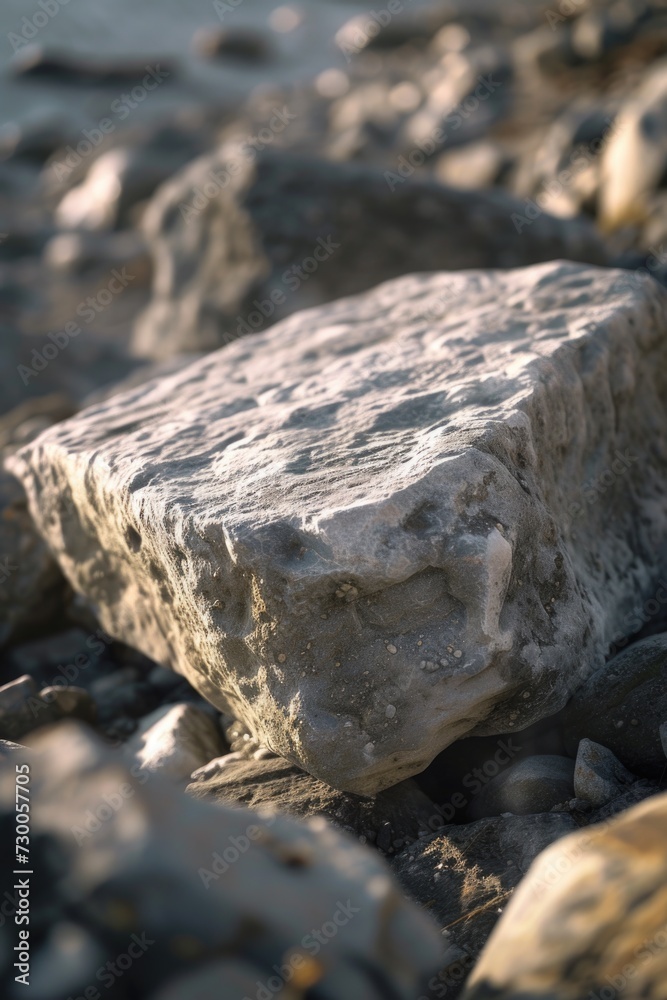 A large rock sitting on top of a rocky beach. Ideal for nature and coastal themed designs A large rock sitting on top of a rocky beach. Ideal for nature and coastal themed designs