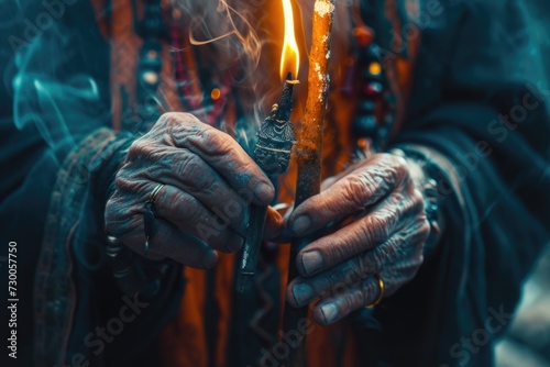 A person holds a lit candle in their hands. This image can be used for various purposes