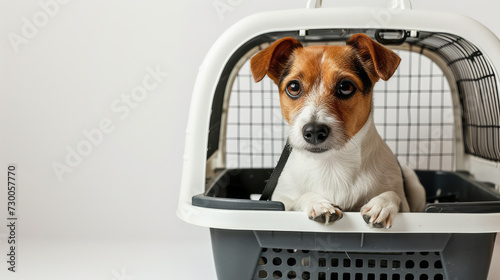 A small Jack Russell Terrier sits inside a pet carrier, looking out with a calm and curious expression, against a clean white background. © Александр Марченко