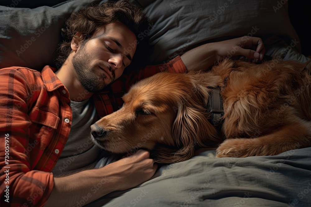 A dog and its owner share a peaceful slumber, bonding in the comfort of sleep.
