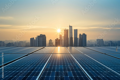 Solar panels line the rooftop against a city skyline backdrop, harnessing renewable energy during a vibrant sunset.
