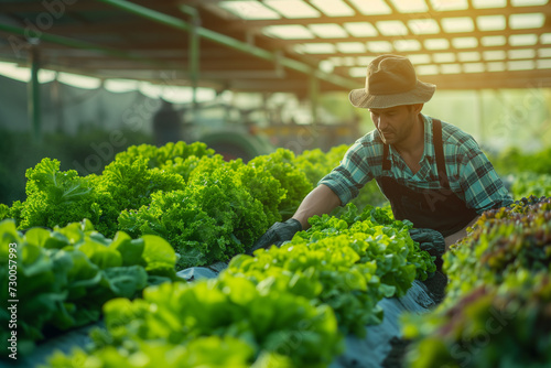 A farmer in a hat hand-picking fresh organic lettuce in a sunlit agricultural field, representing sustainable farming.