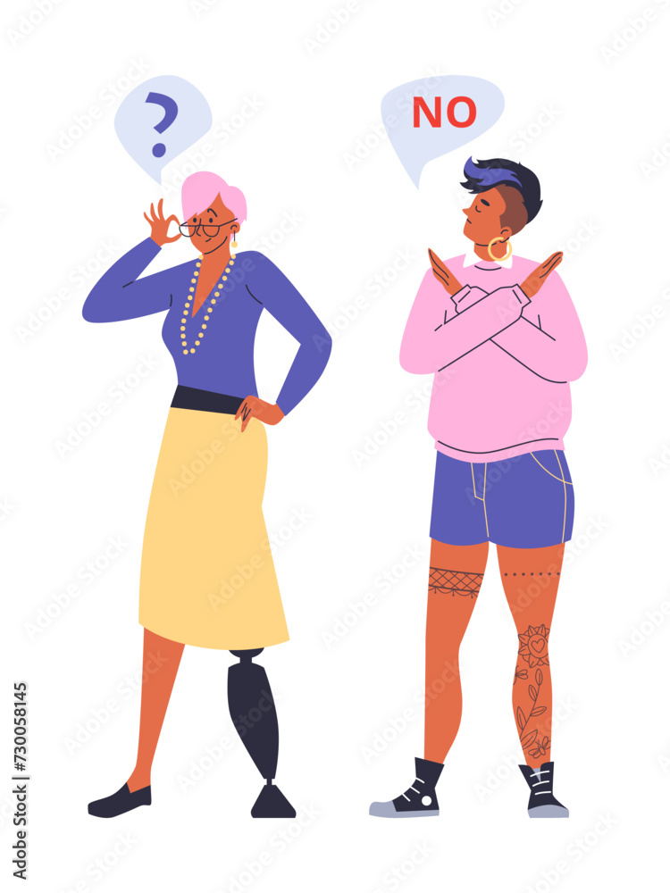 Non-verbal communication gesture emotions, vector woman with prosthetic leg shows question hands sign, other denial