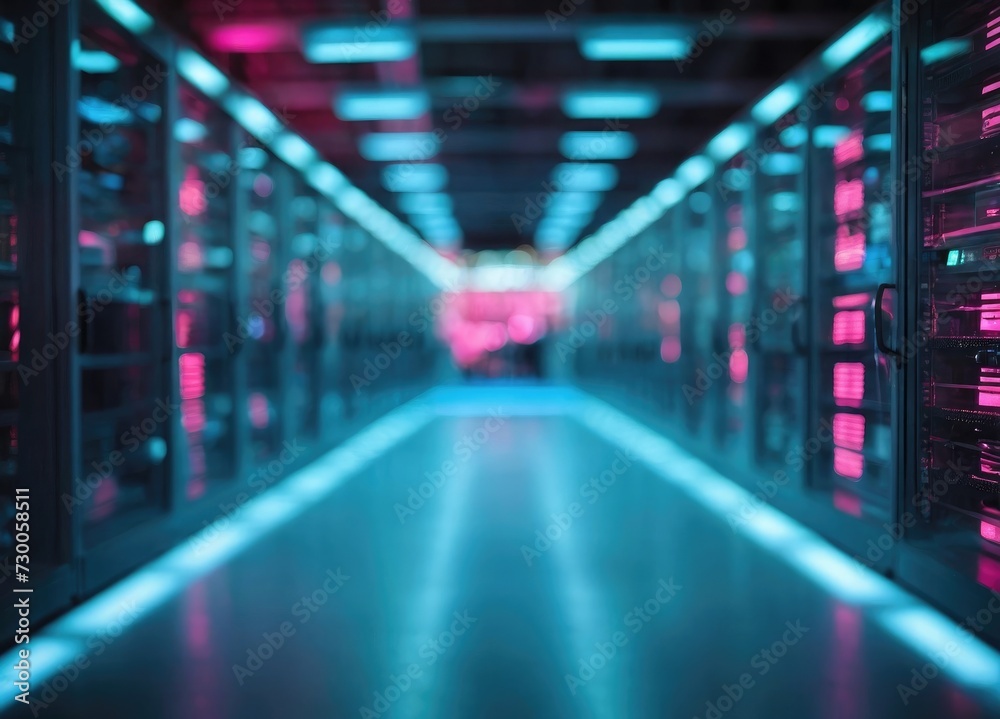 Connected Network Servers Purple-Blue Glow in a Futuristic Data Center, Futuristic Glow Dark Servers Data Center with Blue Illumination