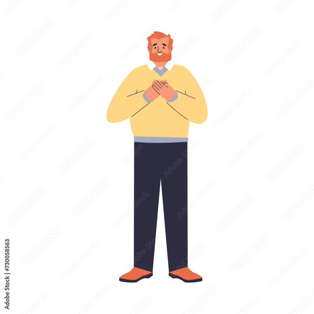 Man is grateful and touched, cute gesture, vector illustration on white