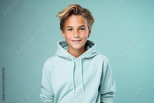 Portrait of a smiling young boy in hoodie over blue background