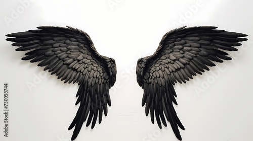 A pair of grand black angel wings  elegantly stretching out on a solid white background  emanating a sense of otherworldly beauty
